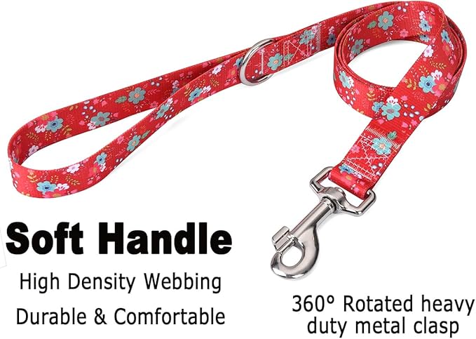 Dog Collar and Leash Set with Bohemia Floral Tribal Geometric Patterns - Soft Ethnic Style Collar Adjustable for Small Medium Large Dogs(Red Floral Set,XS)