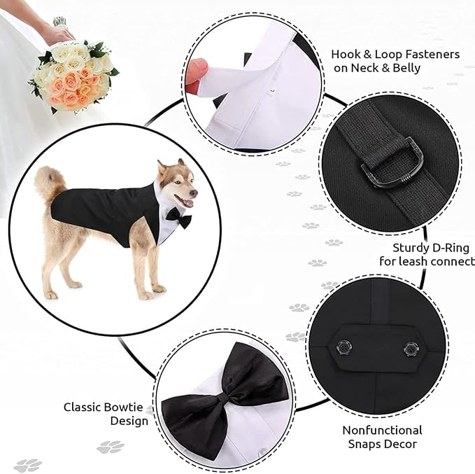 Tuxedo & Bandana Set, 2 Pack Pet Costume: Puppy Formal Party Suit - Dog Clothes for Small, Medium & Large Dogs - Prince Bow Tie Shirt - Wedding Attire for Golden Retriever & Samoyed (S)