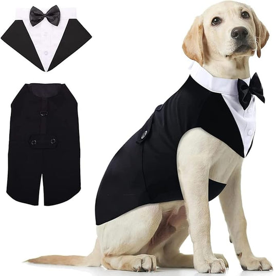Tuxedo & Bandana Set, 2 Pack Pet Costume: Puppy Formal Party Suit - Dog Clothes for Small, Medium & Large Dogs - Prince Bow Tie Shirt - Wedding Attire for Golden Retriever & Samoyed (S)