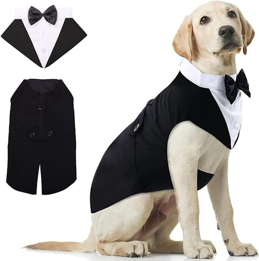 Tuxedo and Bandana Set, 2 Pack Pet Costume Formal Party Suit, Clothes for Small Medium Large Dogs, Prince Bow Tie Shirt Wedding Attire for Golden Retriever Samo Bulldogs (XXL)