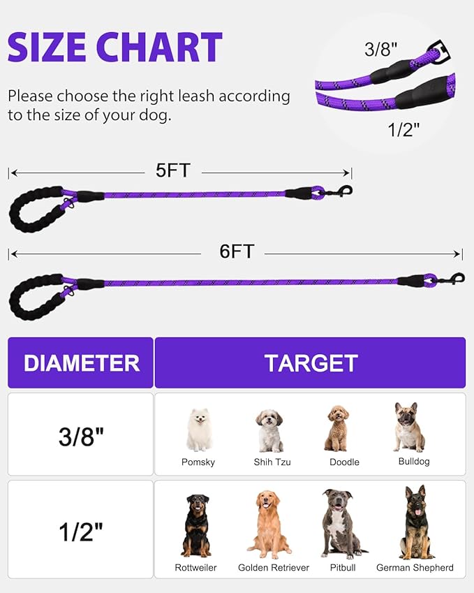 Joytale Reflective Dog Leash, Heavy Duty Nylon Rope with Poop Bag Holder, Highly Reflective Threads Leashes for Medium Large Dogs, Purple, 5'×1/2''