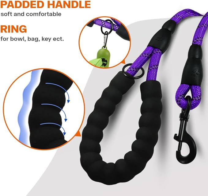 Taglory Rope Dog Leash 4 FT with Comfortable Padded Handle, Highly Reflective Threads Leash for Small Dogs, 3/8 inch, Purple