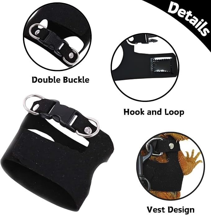 3 Pack Bearded Dragon Harness and Leash Set - Adjustable Soft Leather Lizard Harness Leash Small Animal Traction Rope Training Walking Vest Accessories for Reptile Squirrel Rat (Black)