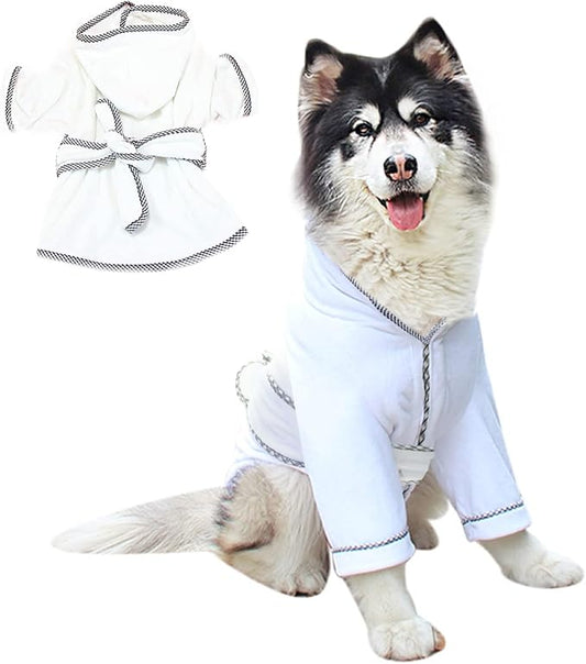 Dog Bathrobe, Microfiber Fast Drying Absorbent Hooded Bath Towel White for Puppy Small Medium Large Dog Cat (2XL, White)