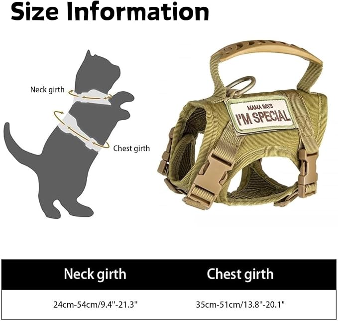Tactical Cat Harness and Leash Set for Walking Escape Proof Adjustable Large Cat Vest Harness with Patches Soft Mesh Padding Rubber Handle Easy to Control (Khaki Harness & Leash)