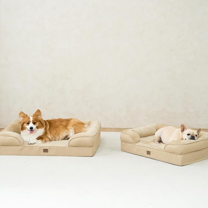 EHEYCIGA Orthopedic Dog Beds for Large Dogs, Waterproof Memory Foam Large Dog Bed with Sides, Non-Slip Bottom and Egg-Crate Foam Pet Couch Bed with Washable Removable Cover, Greige