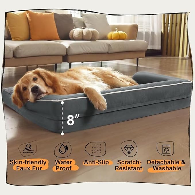 Large Dog Bed Orthopedic Washable - Beds Bolster - Extra XL XLarge Big Dogs - Memory Foam Couch Sofa - Waterproof with Removable Cover - Dark Grey Dog Bed