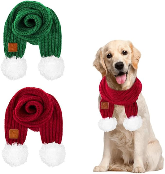 SlowTon Dog Knitted Scarf, 2 Pack Dog Warm Bandanas, Winter Holiday Decoration Scarf for Small Medium Large Dogs (Red,Green)