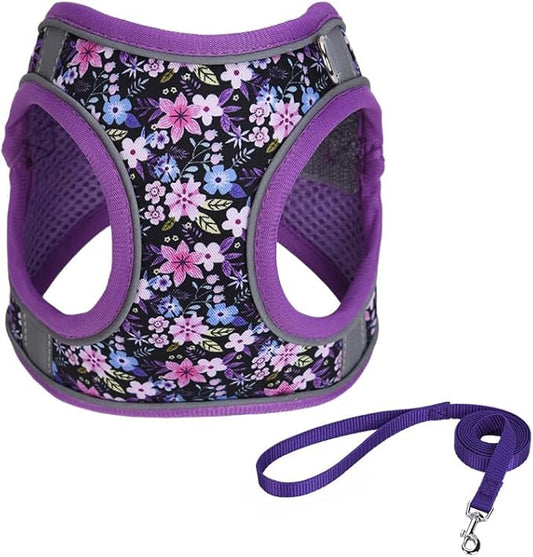 XS Purple Flower Pattern Dog Harness and Leash Set,No Escape Puppy Harnesses for Training Walking,Breathable Adjustable Puppy Vest for Small Medium Dogs, Cats (Purple, XS)