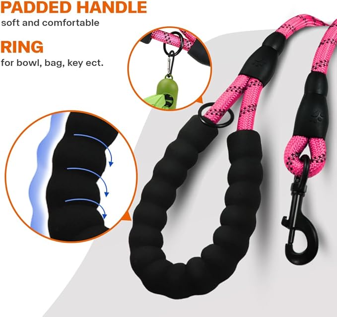 Taglory Rope Dog Leash 5 FT with Comfortable Padded Handle, Highly Reflective Threads Leash for Small Dogs, 3/8 inch, Pink