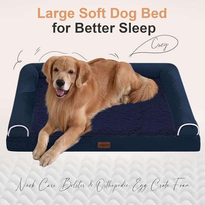 Large Dog Bed Orthopedic Washable: Beds Bolster XL Bed Large Big Dogs Memory Foam Couch Sofa Waterproof with Removable Cover - Navy Blue