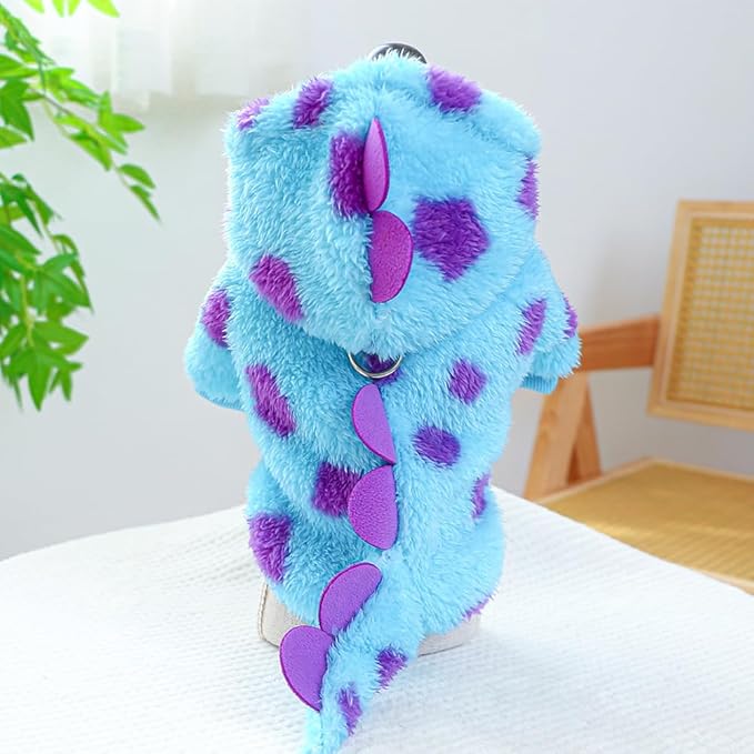 Dinosaur Dog Clothes for Small Dog Girl Boy,Fleece Winter Puppy Hoodies with Leash Ring,Cold Weather Coat for Cat,Funny Dog Dinosaur Costume for Christmas Halloween. (Blue-2, Large)