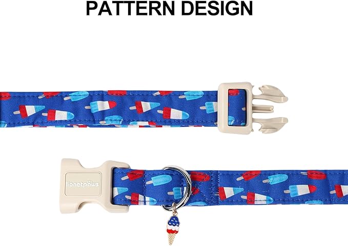 Lionet Paws 4th of July Dog Collar- Cute Blue Red Popsicle Dog Collars with Plastic Buckle and Icecream Pendant, Light Adjustable Dog Collars for Small Dogs