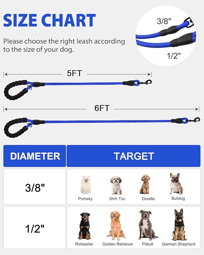 Joytale Reflective Dog Leash, Heavy Duty Nylon Rope with Poop Bag Holder, Highly Reflective Threads Leashes for Small Dogs, Navyblue, 5'×3/8''