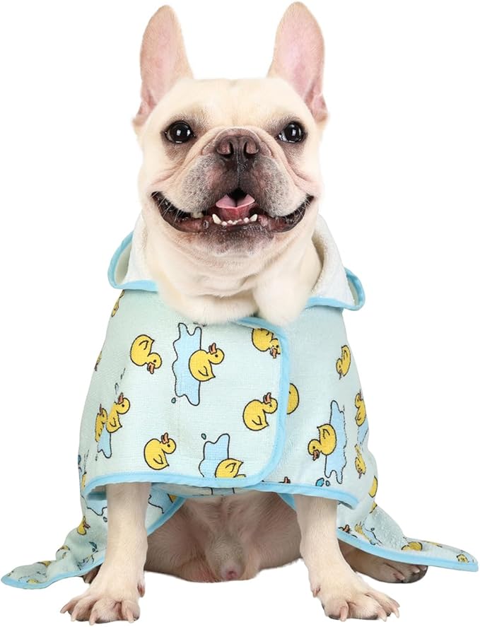 HDE Dog Bathrobe Super Absorbent Quick Drying Towel with Hood for All Dog Breeds Sizes S-XXL - Rubber Duck Puddles - S