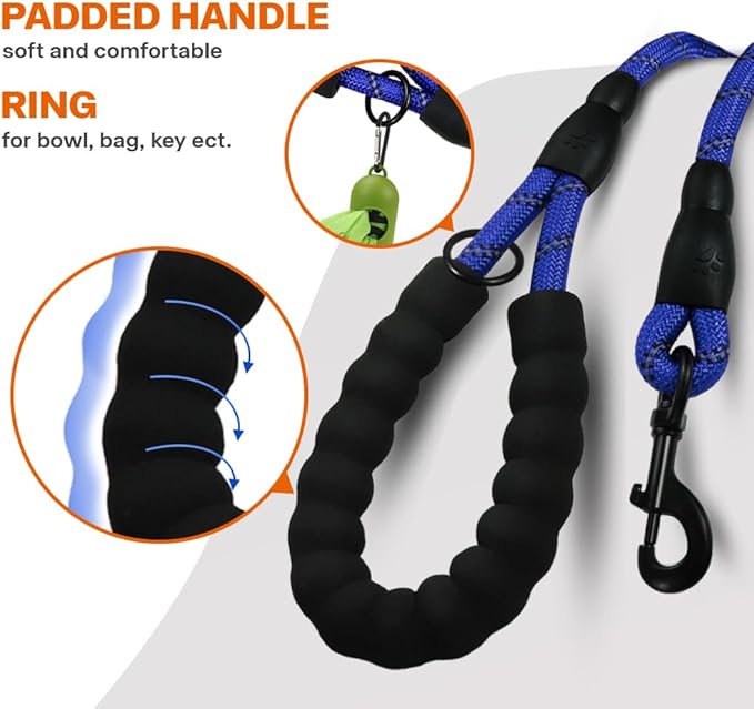 Taglory Rope Dog Leash 6FT with Comfortable Padded Handle, Highly Reflective Threads Leash for Small Dogs, 3/8 inch, Navyblue