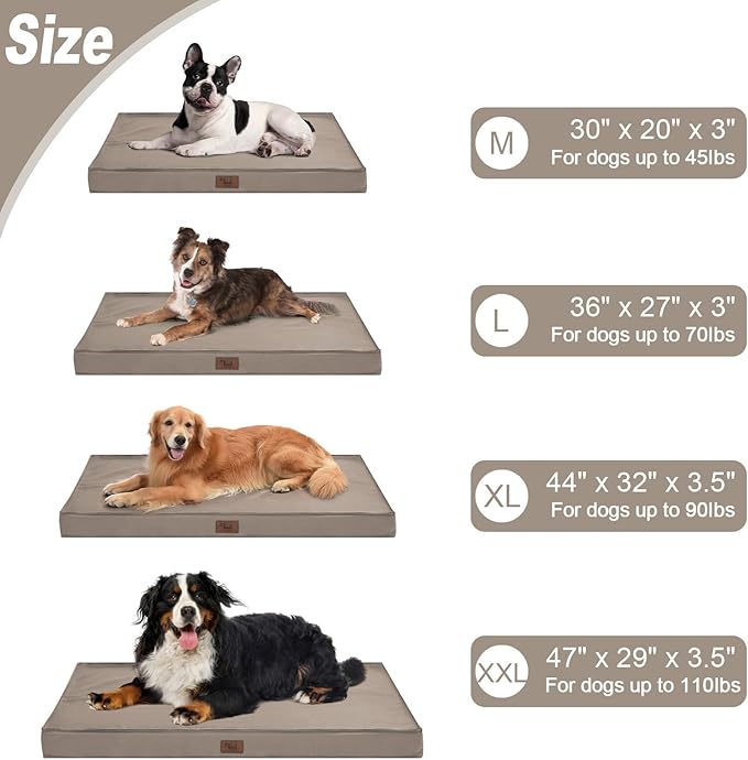 Orthopedic Dog Bed for Large Dogs, Waterproof Dog Crate Bed Washable Pet Bed for Large Sized Dogs with Egg Crate Foam Pet Mat, Removable Oxford Cover, Khaki