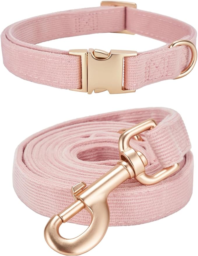 Soft Corduroy Dog Collar and Leash Set, Adjustable Cotton Dog Collars with Metal Buckle and Lead for Small Dogs,Baby Pink