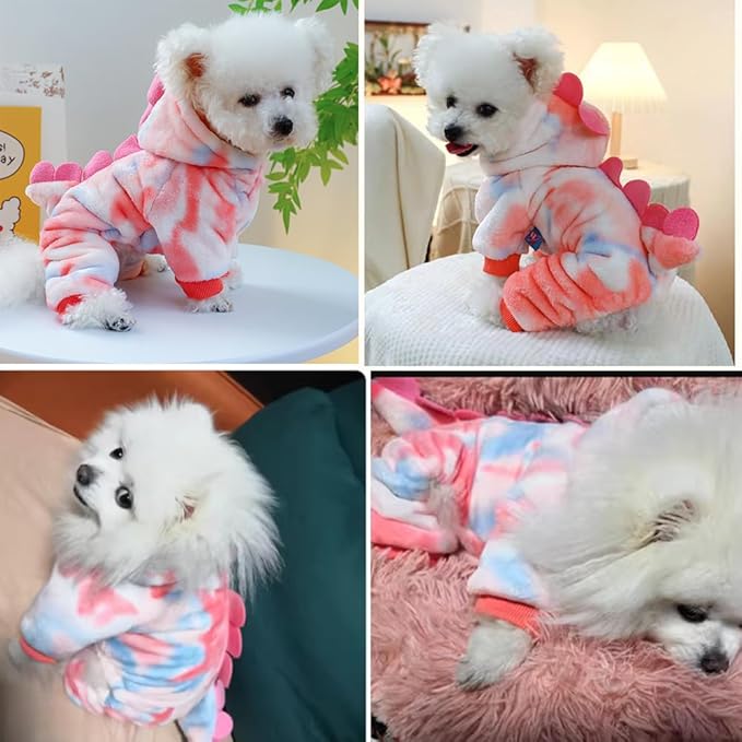 Dinosaur Dog Clothes for Small Dog Girl Boy, Fleece Winter Puppy Hoodies with Leash Ring, Cold Weather Coat for Cat, Funny Dinosaur Costume for Christmas Halloween (Pink, Medium)