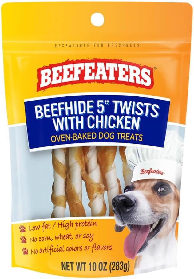 Beefeaters Beefhide 5in Twist with Real Chicken, 10oz – Protein-Rich Dog Treats for Clean Teeth, Ideal for Training & All Dog Sizes