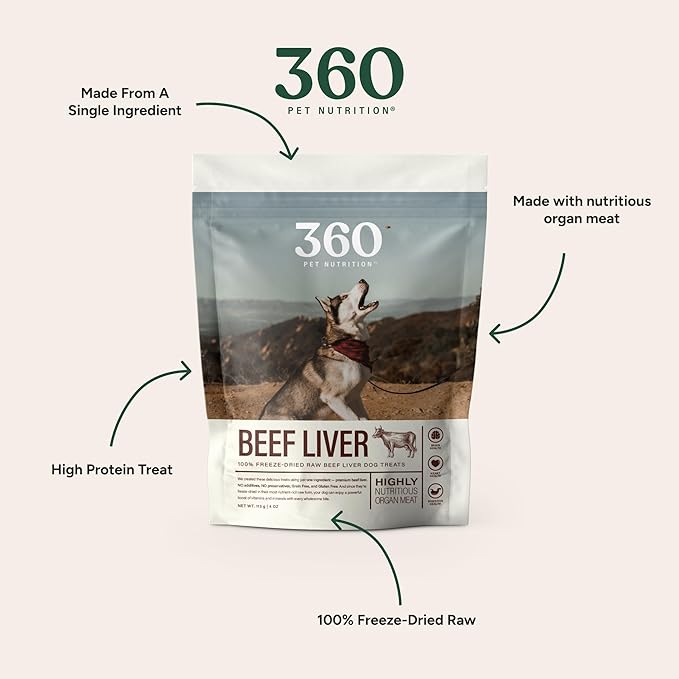 360 Pet Nutrition Freeze-Dried Raw Beef Liver Dog or Cat Treats, Single Ingredient, High Protein, Grain-Free, Made in USA, All-Natural, 4 oz (Beef Liver), Healthy, Training Snacks, Premium Quality
