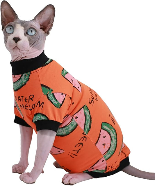 Sphynx Hairless Cat Cute Summer Cotton T-Shirts Pet Clothes,Round Collar Kitten Shirts Cats Apparel (Orange Watermelon, Medium (Pack of 1))