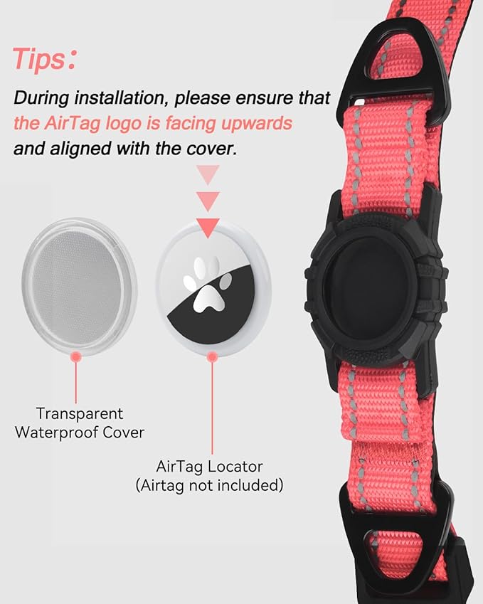 Joytale Airtag Dog Collar, Dual D-Rings, Reflective Pet Collar with Waterproof AirTag Holder, Soft Padded Adjustable for Large Dogs, Neon Pink, L