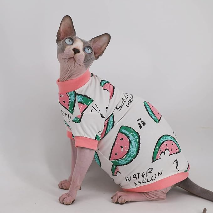 Sphynx Hairless Cat Cute Summer Cotton T-Shirts Pet Clothes,Round Collar Kitten Shirts Cats Apparel (Pink Watermelon, Small (Pack of 1))