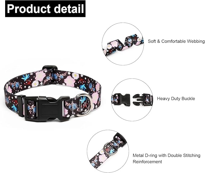 Adjustable Dog Collar with Patterns, Ultra Comfy Soft Nylon Breathable Pet Collar for Small Medium Large Dogs (L, Light Pink Flower)