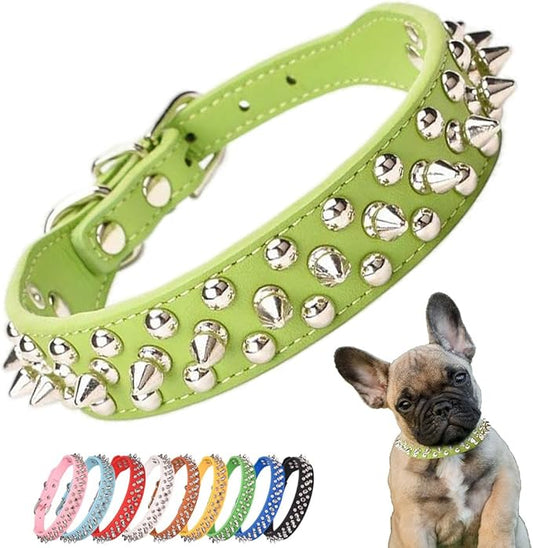 Dog Spiked Collar, Mushrooms Rivet Spike Cat Collar Anti-Bite Studded Protective Pet Neck Female Puppy Collars for XXS XS Small Medium Large Girl Dogs Kitten Goat, Green Faux Leather XSmall