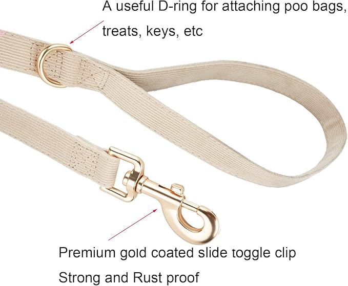 Soft Corduroy Dog Collar and Leash Set, Adjustable Cotton Dog Collars with Metal Buckle and Lead for Large Dogs,Beige