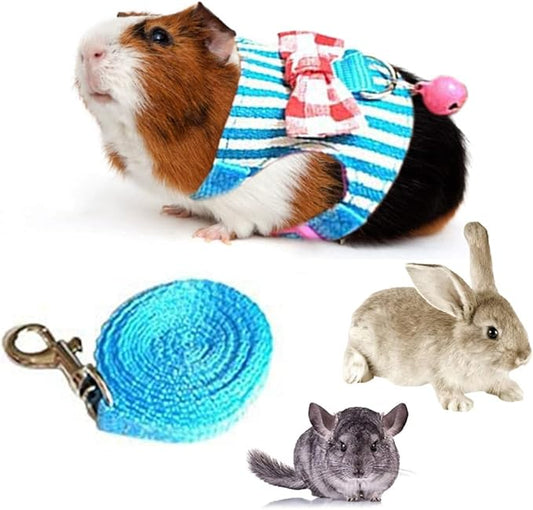 Litewoo Hamster Outdoor Walking Vest Harness and Leash Set Cute Bow-knot and Clear Bell Decor Chest Strap Harness for Rabbit Guinea Pig Chinchilla Ferret Squirrel Marten Kitten (MEDIUM,Blue Stripe)