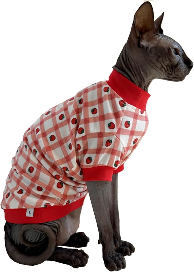 Sphynx Hairless Cat Cute Summer Cotton T-Shirts Pet Clothes,Round Collar Kitten Shirts Cats Apparel (Checkered Strawberry, X-Large (Pack of 1))