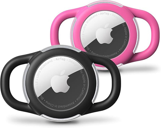 Waterproof Airtag Dog Collar Holder, Silicone & ABS Airtag Holder for Dog & Cat Collars, Ultra-Durable, Lightweight and Protective Airtag Case (Black & Rose, Small)