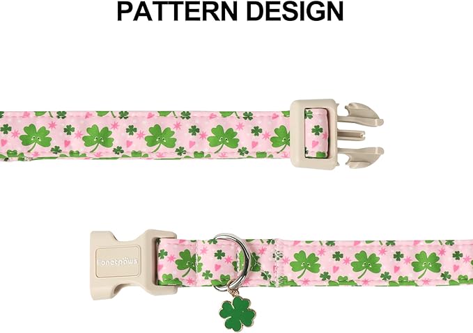 Lionet Paws St. Patrick Dog Collar- Cute Clover Pink Dog Collars with Plastic Buckle, Light Adjustable Dog Collars with Clover Pendant for Medium Dogs