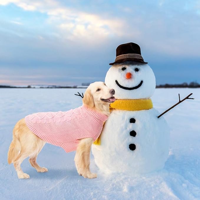 Mihachi Turtleneck Dog Sweater - Winter Coat Apparel Classic Cable Knit Clothes with Leash Hole for Cold Weather, Ideal Gift for Pet in New Year Flesh Pink X-Large