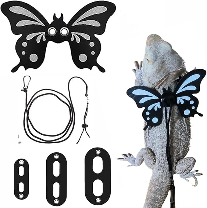 Bearded Dragon Harness Leash Set Adjustable 3PC Leather Vest Butterfly Wings Harness Lizard Outdoor Walking Control Rope for Iguana Gecko Chameleon Hamster Ferret (Black)