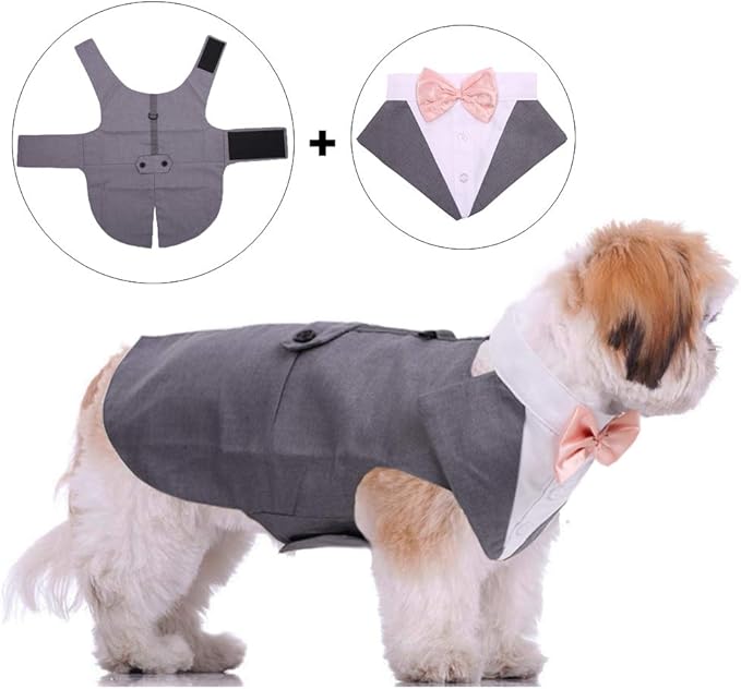 QBLEEV Tuxedo for Large Dogs, Suit and Bandana Set, Wedding Outfit With Bow Tie, Formal Tux Costume for Halloween Christmas Birthday Party Cosplay, Grey L