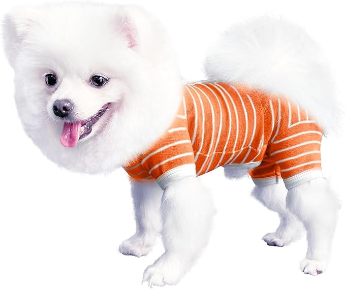 TONY HOBY Female/Male Pet Dog Pajamas Stripes 4 Legged Dog pjs Jumpsuit Soft Cotton Dogs Clothes (L, Orange+White-Boys)
