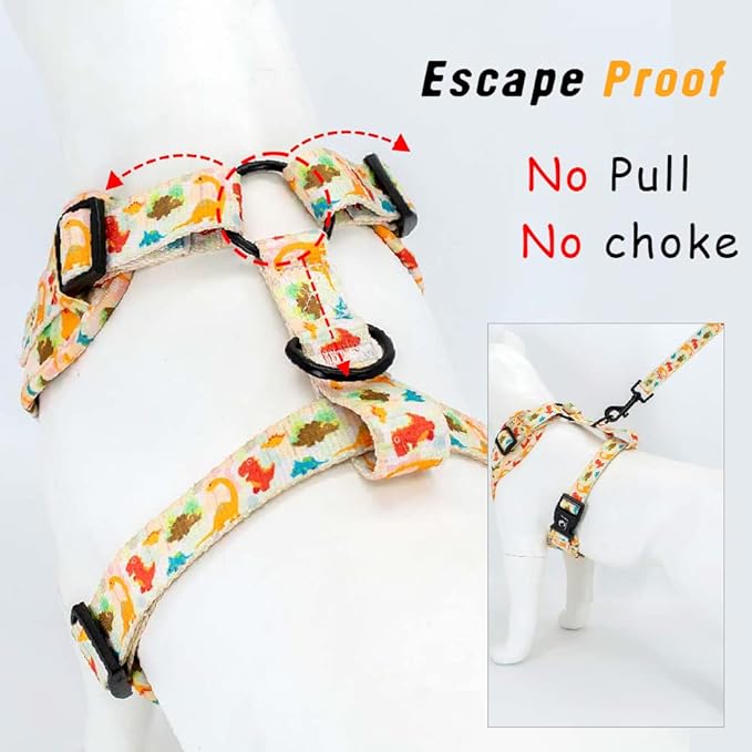Adjustable Dog Harness and Leash Set for Girl Air Mesh Dog Vest Harness 5Ft Dog Training Leash with Soft Handle Pet Escape Proof for Small Medium Large Dogs (Dinosaur, M)