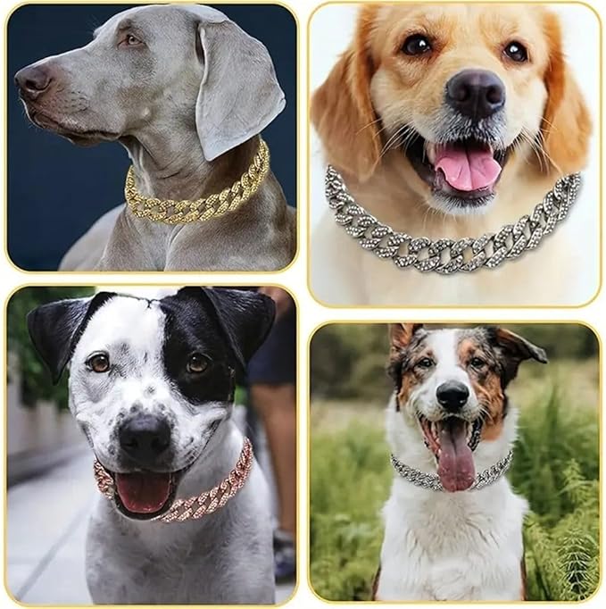 Sliver Dog Necklace, Glitter Rhinestone Sparkly Bling Diamond Metal Cuban Link Dog Chain for Small Medium Large Pet Dogs, 16 inch