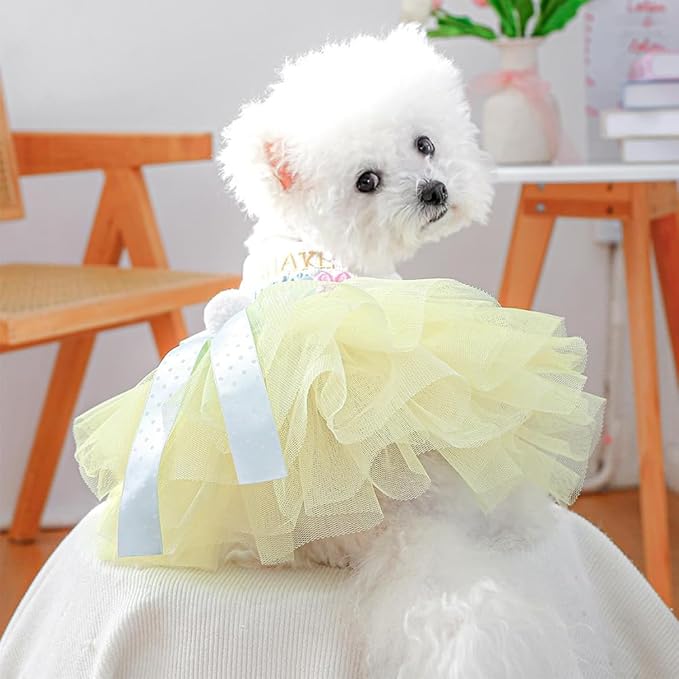 Dog Easter Outfit with Embroidered Bunny Patterns and Cute Pompom Holiday Puppy Dress Bow Small Dog Tutu Cat Apparel Fancy Pet Clothes,Yellow,Blue,White (Yellow, Large)