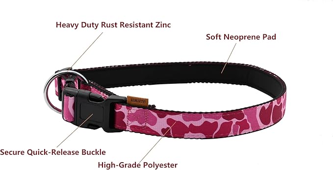 Dog Collar, Cute Floral Pattern, Neoprene Padded and Adjustable Collar with Quick Release Buckle, Reinforced Structure (L (Neck 18-28", Width 1"), Camouflage Pink)