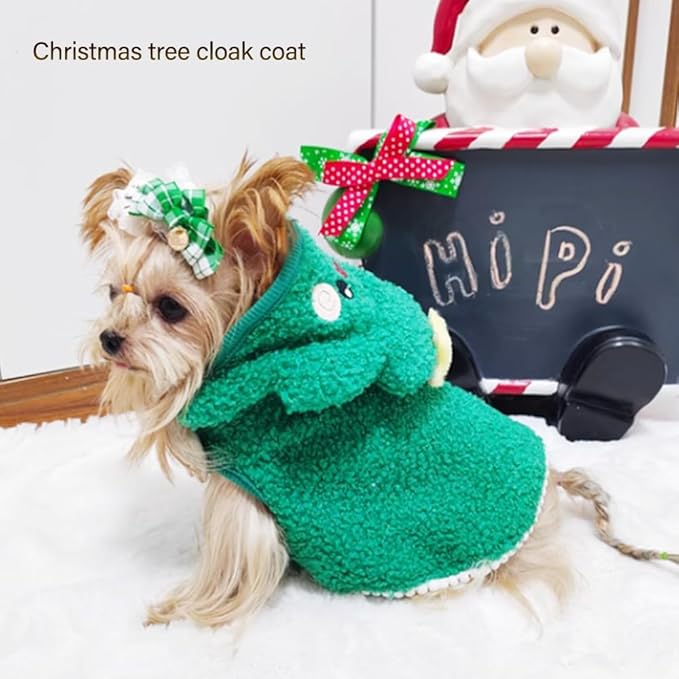 ANIAC Dog Christmas Cape Coat with D-Ring Cat Santa Costume with Xmas Tree Hat Christmas Dogs Outfit Warm Puppy Clothes for Small Dog Holiday Pet Cloak for Cat (Green, Medium)