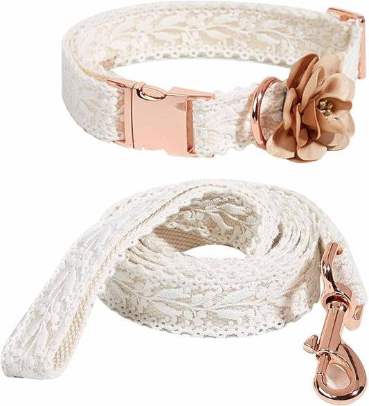 Lace Dog Collar Set Soft and Easy to Clean Handmade Embroidered Dog Collar with Leash for Medium Dogs Cute Dog Flower Girl Wedding Collar with Bow for Small Medium Large Dogs (White,M)