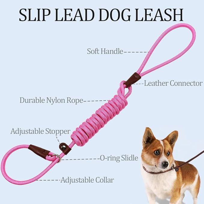 MayPaw Slip Lead Control Leash for Dogs No Pull, 13+ Colors Classic Dog Lead 7FT Pet Slip Leash, 1/4” Rope Leashes for Small Medium Animals (7ft*1/4", Pink)