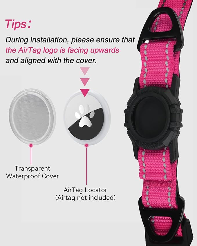 Joytale Airtag Dog Collar, Dual D-Rings, Reflective Pet Collar with Waterproof AirTag Holder, Soft Padded Adjustable for Small Dogs, Hotpink, S