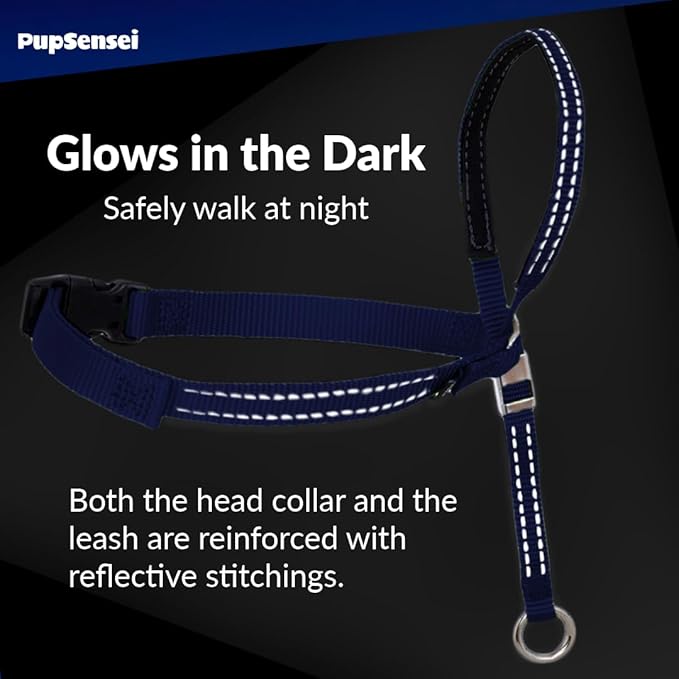 Headcollar for Dogs, Extra Soft Padded, Reflective, No Pull Dog Collar, Gentle Leader for Dogs with Durable Nylon Leash, Padded Handle - Navy Blue (X-Large)