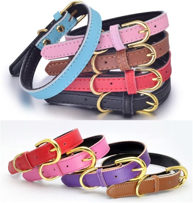 Genuine Leather Dog Collar with Airtag Holder, Soft Real Cowhide Two-Tone Padded, Gold Buckle Durable Pet Cat Collars Adjustable for Small Medium Large Hound Terrier Puppy, Pink S