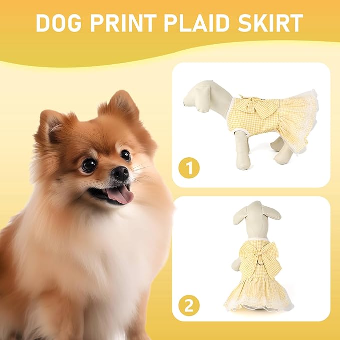 Dog Dress Plaid with Bowknot Cute Dress for Small Dog Cat Puppy Outfits with Harness Leash( Yellow,X-Large )